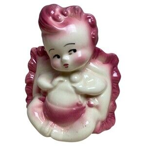 VTG Hull Pottery #92 Baby Girl Cherub Planter Pink Cream Angel USA Nursery Art